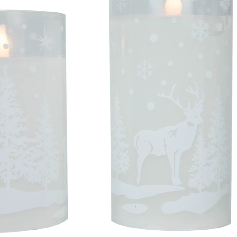 LED Snowy Woodland Glass Pillar Candles, Set of 3