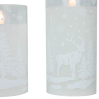 LED Snowy Woodland Glass Pillar Candles, Set of 3