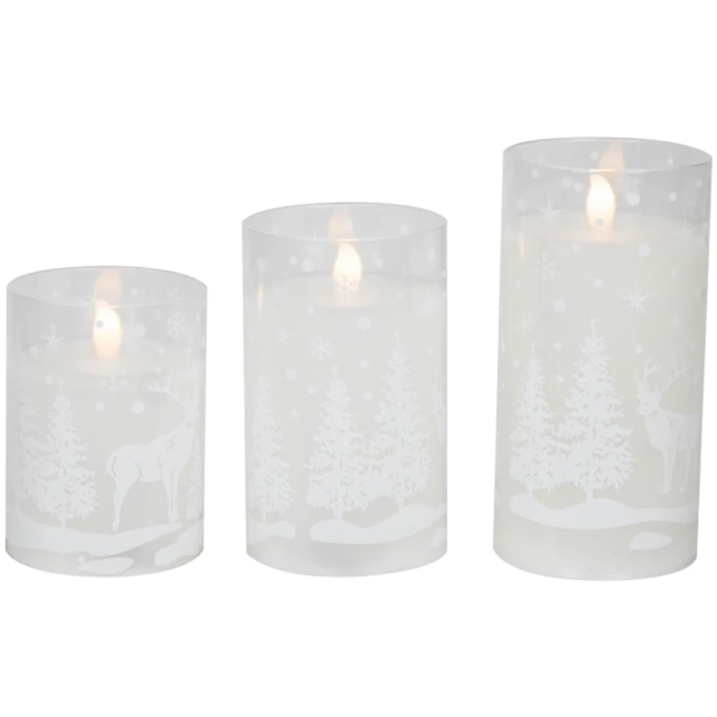 LED Snowy Woodland Glass Pillar Candles, Set of 3