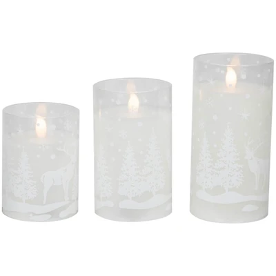 LED Snowy Woodland Glass Pillar Candles, Set of 3