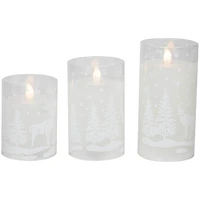 LED Snowy Woodland Glass Pillar Candles, Set of 3