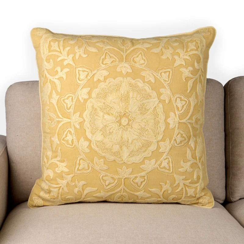 Yellow Embroidered Medallion Pillow