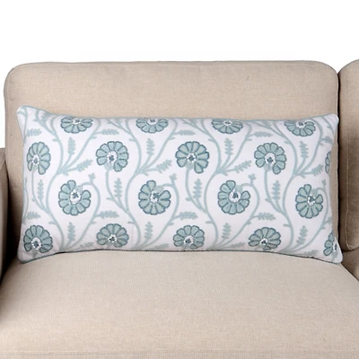 Blue Crewel Floral Lumbar Pillow