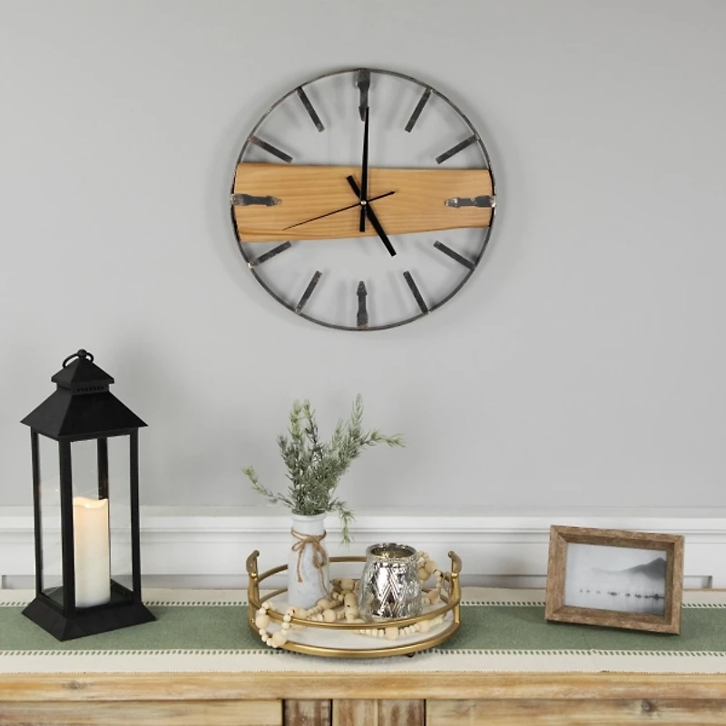 Round Metal and Wood Plank Wall Clock