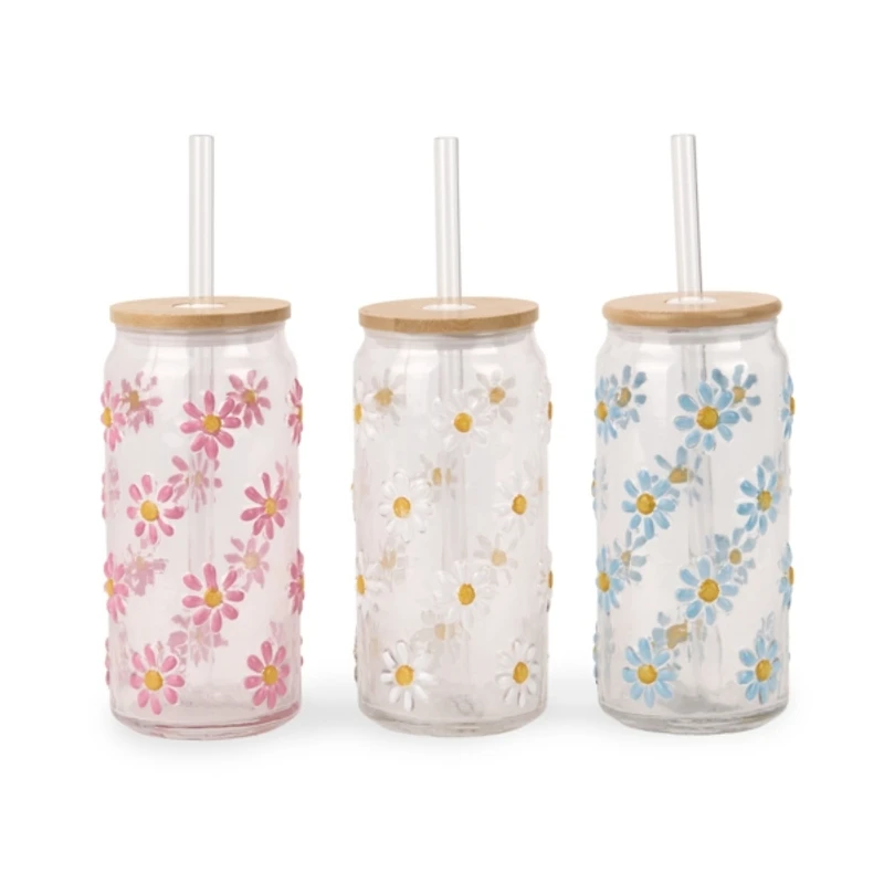 Daisy Embossed Glass Iced Coffee Sippers