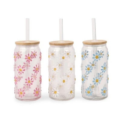 Daisy Embossed Glass Iced Coffee Sippers