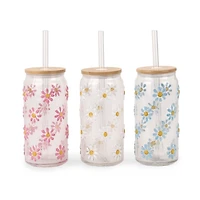 Daisy Embossed Glass Iced Coffee Sippers
