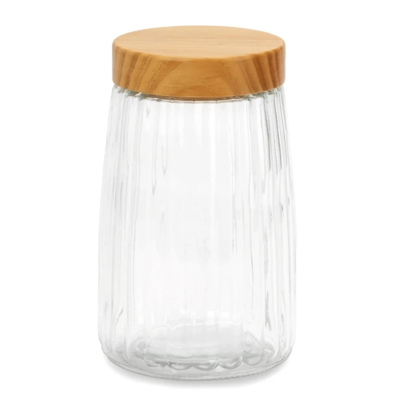 Ribbed Glass Canister with Wood Lid, 8.5 in.