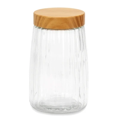 Ribbed Glass Canister with Wood Lid, 8.5 in.