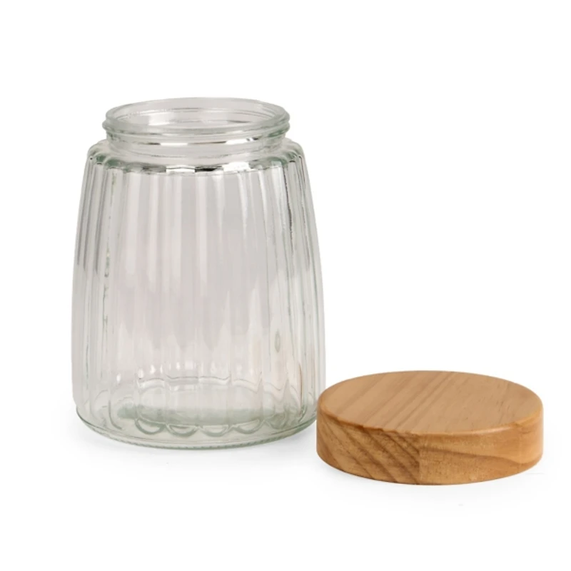 Ribbed Glass Canister with Wood Lid, 7 in.