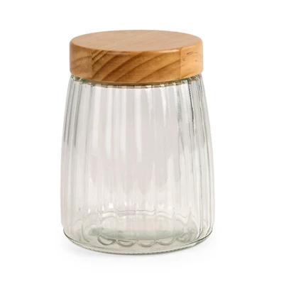 Ribbed Glass Canister with Wood Lid, 7 in.