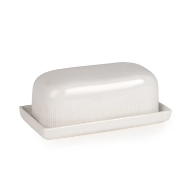 White Ribbed Stoneware Butter Dish