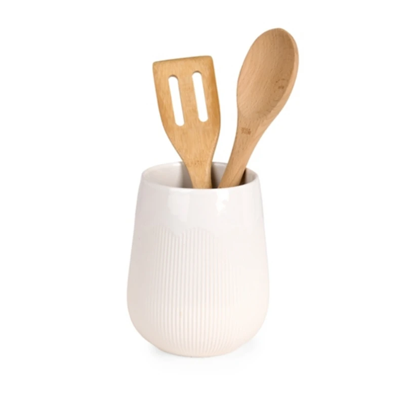 White Ribbed Stoneware Utensil Crock