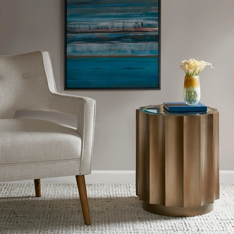 Ortega Round Wood Accent Table with Glass Top
