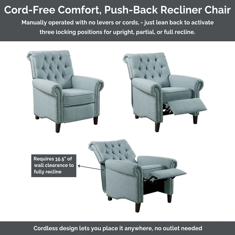 Aidan Blue Tufted Push Back Recliner