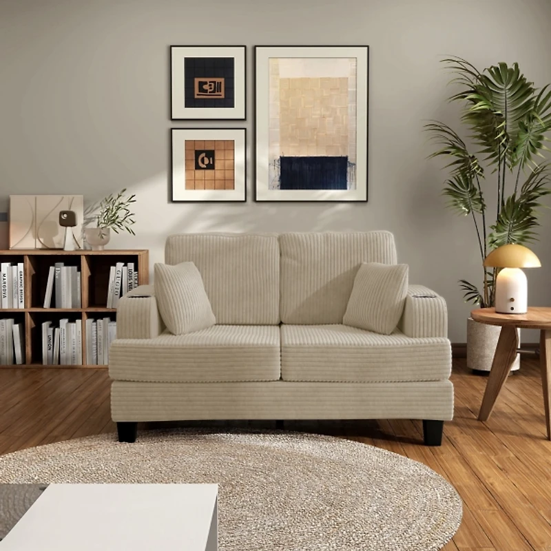 Kasin Beige Chenille Loveseat with Cup Holders
