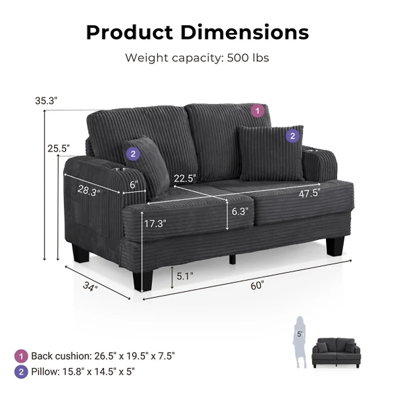 Kasin Gray Chenille Loveseat with Cup Holders