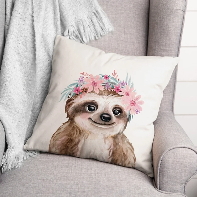 Sloth with Flower Crown Pillow