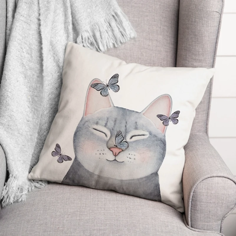 Gray Cat with Butterflies Pillow