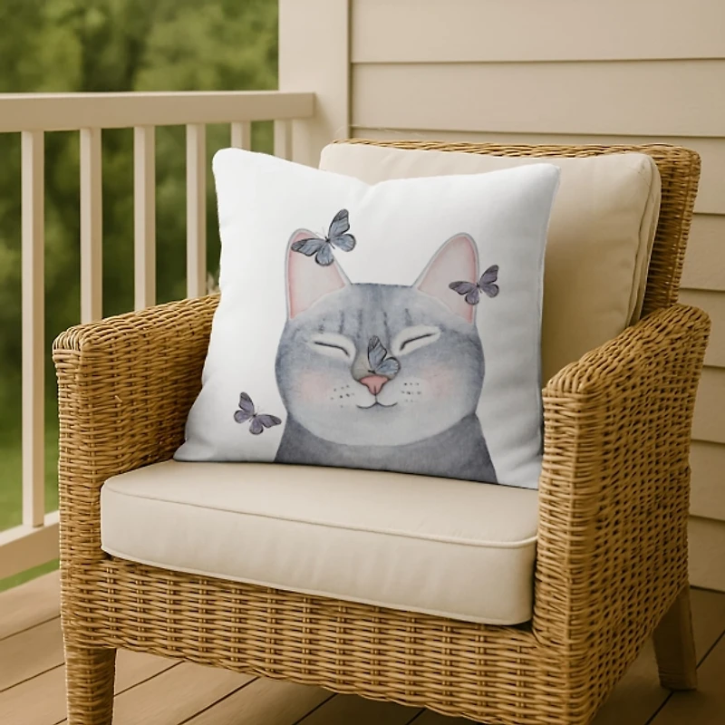 Gray Cat with Butterflies Pillow