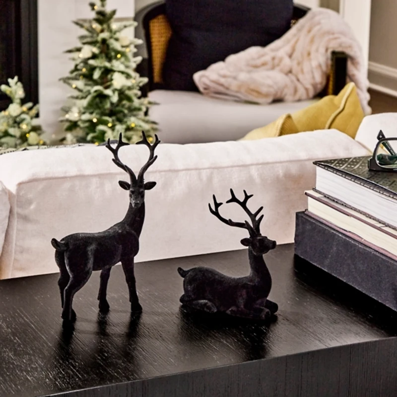 Flocked Black Deer Figurines, Set of 2