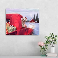 Puppy in Red Truck Christmas Canvas Print