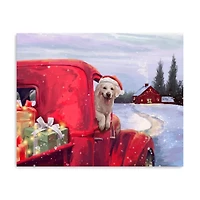 Puppy in Red Truck Christmas Canvas Print