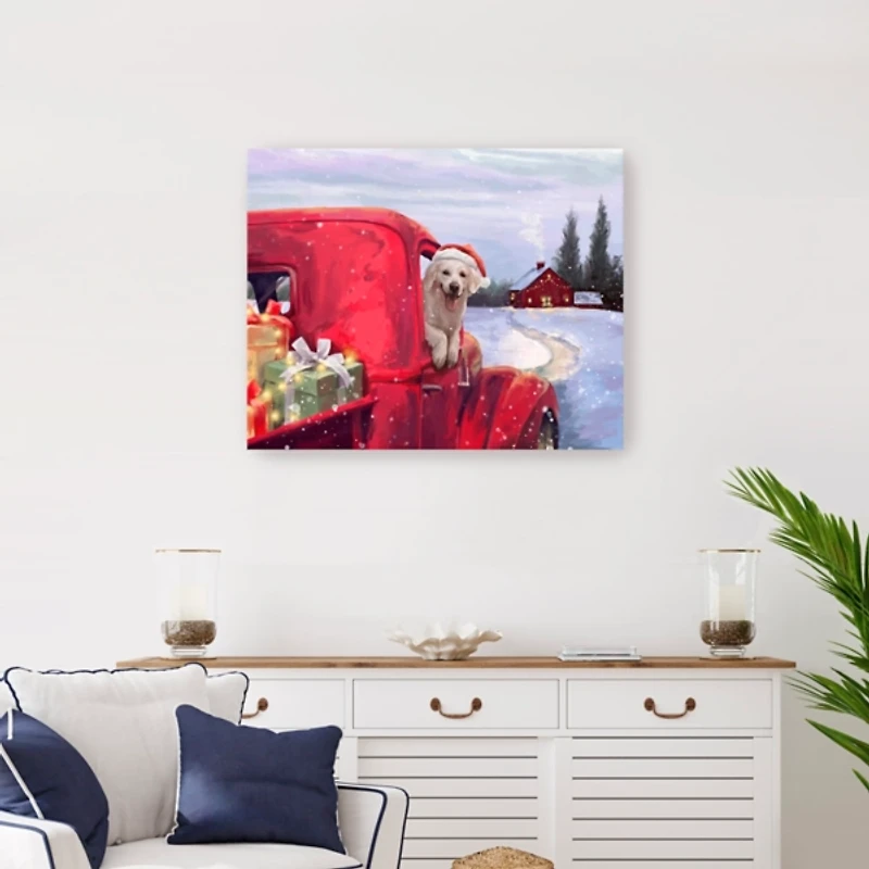 Puppy in Red Truck Christmas Canvas Print, 30x24