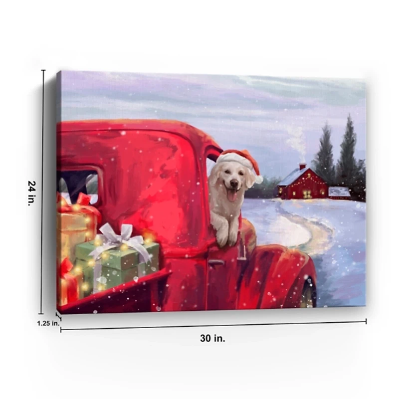 Puppy in Red Truck Christmas Canvas Print, 30x24