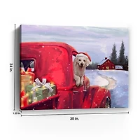 Puppy in Red Truck Christmas Canvas Print, 30x24