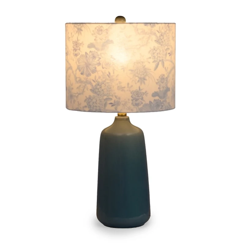 Blue Ceramic Table Lamp with Floral Shade