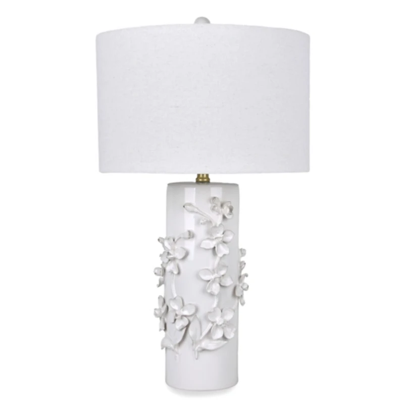 White Ceramic Table Lamp with 3D Flowers