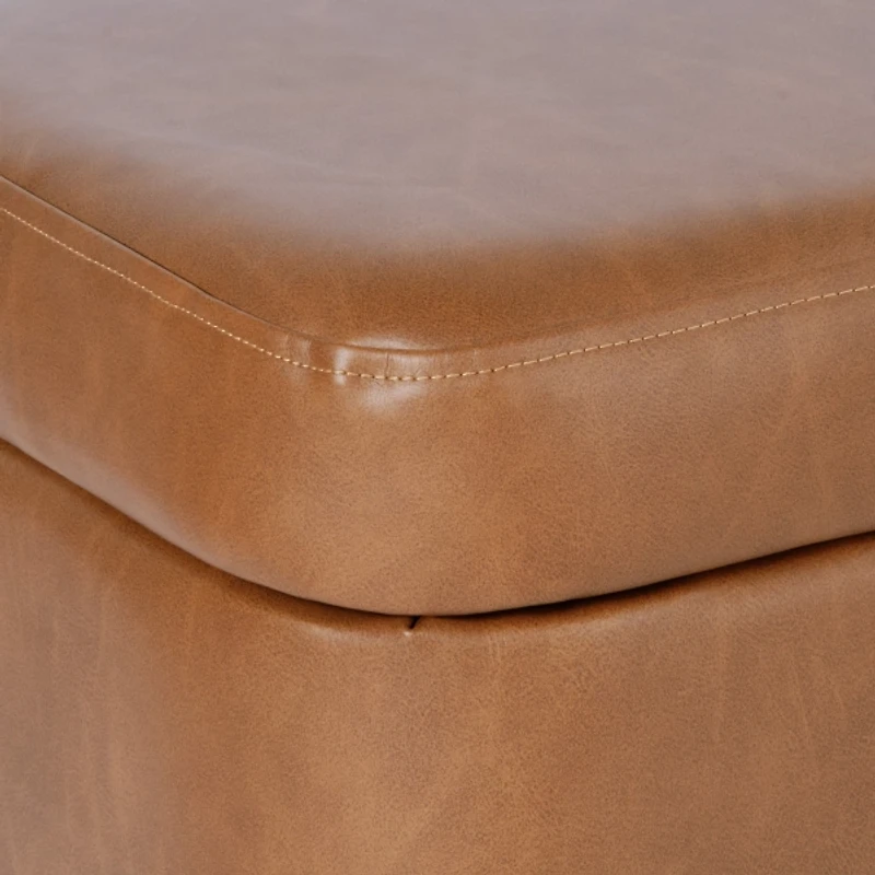 Rounded Caramel Faux Leather Storage Bench