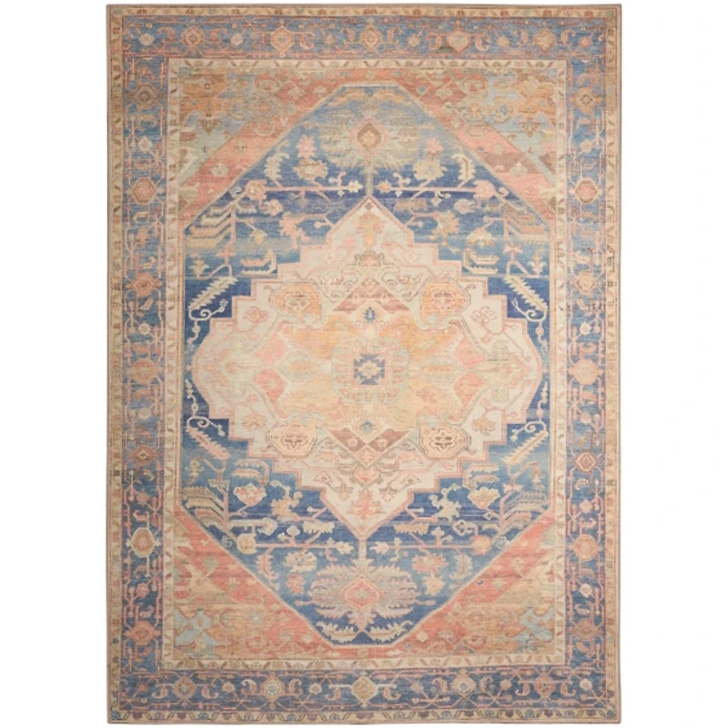 Blue & Coral Medallion Washable Area Rug