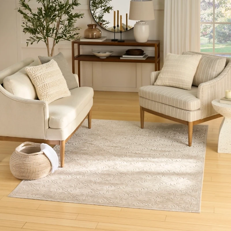 Beige Floral Charm Washable Area Rug, 5x7