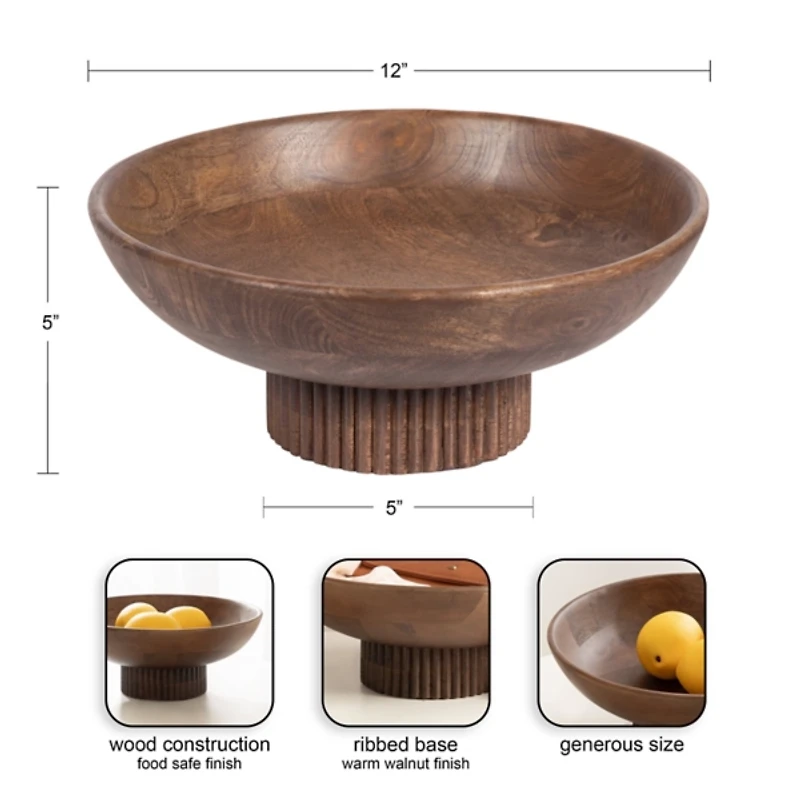 Walnut Brown Ribbed Wood Decorative Bowl