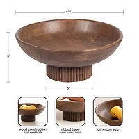Walnut Brown Ribbed Wood Decorative Bowl