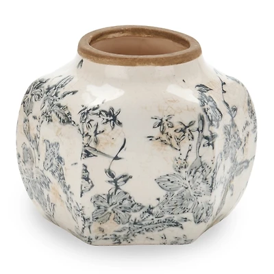 Round Gray Ceramic Vintage Floral Vase, 5 in.