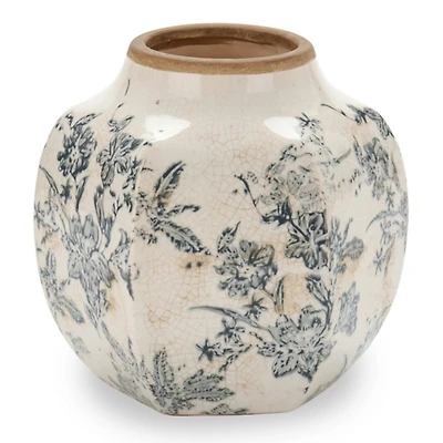 Round Gray Ceramic Vintage Floral Vase