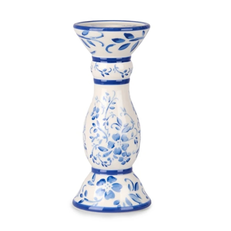 Blue Floral Ceramic Taper Candle Holder, 9 in.