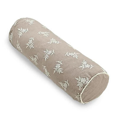 Taupe Embroidered Floral Bolster Pillow