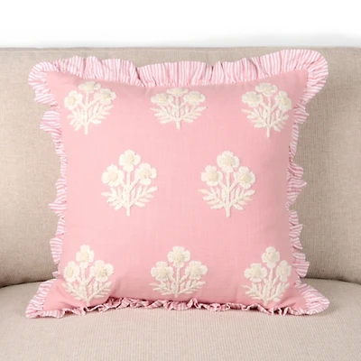 Pink Embroidered Floral Ruffle Flange Pillow