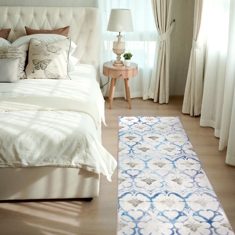 Blue and Cream Damask Washable Runner, 2x7