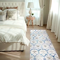 Blue and Cream Damask Washable Runner, 2x7