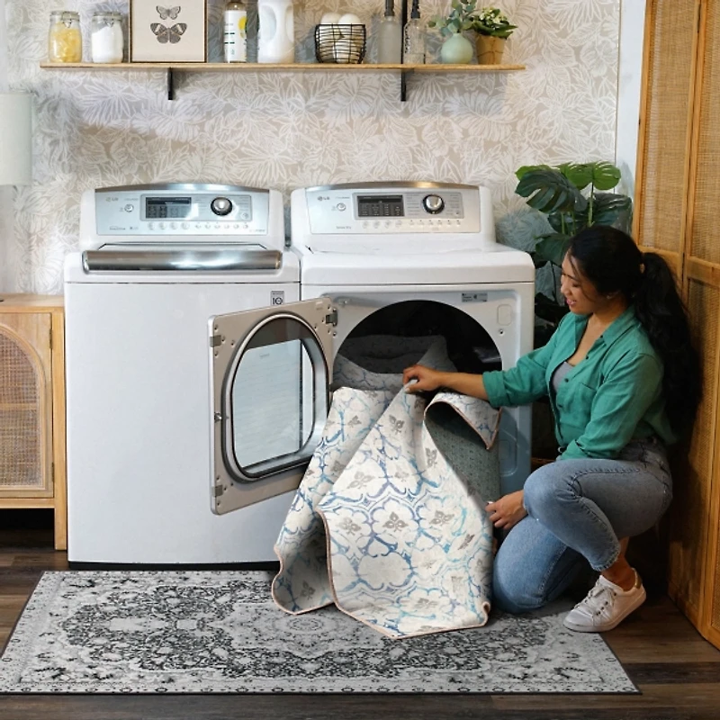 Blue and Cream Damask Washable Runner, 2x7