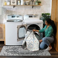 Blue and Cream Damask Washable Runner, 2x7