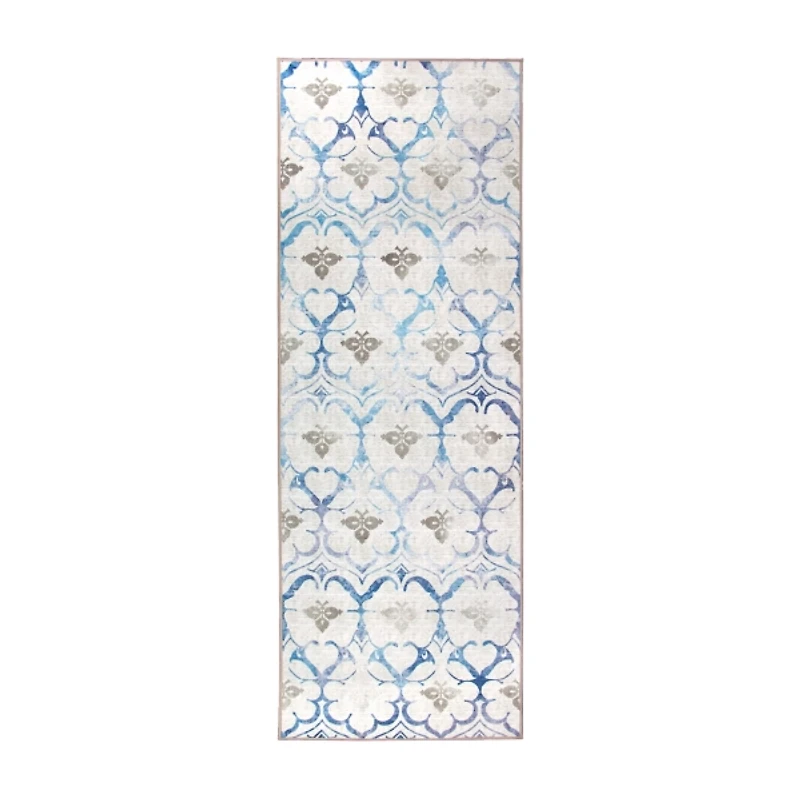 Blue and Cream Damask Washable Runner, 2x7