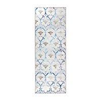 Blue and Cream Damask Washable Runner, 2x7