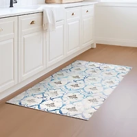 Blue and Cream Damask Washable Area Rug