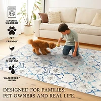 Blue and Cream Damask Washable Area Rug